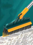 Escova Esfregão de 2 em 1 para Piso com Cabo Longo, Escova Rígida de Limpeza com Raspador e Limpa Vidros com Rotação de 120° - E