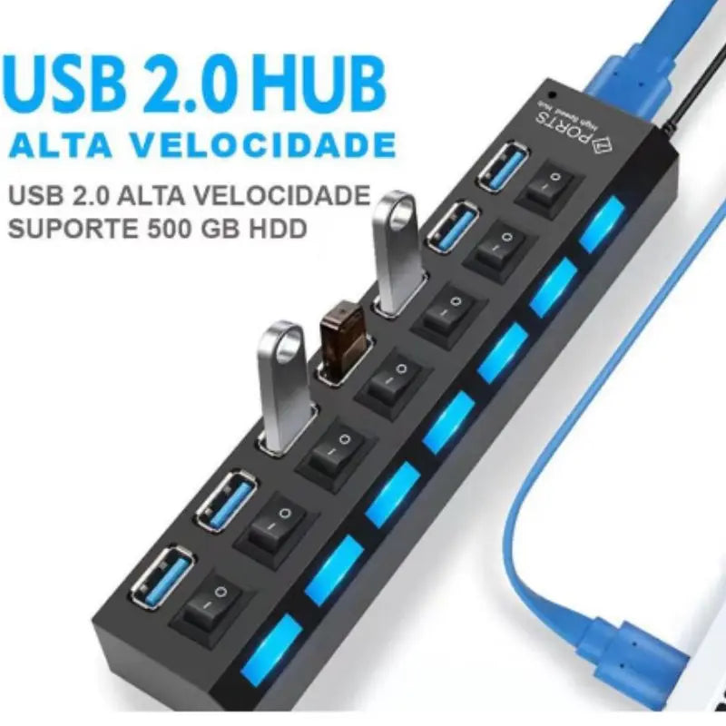 ✨ Hub USB 7 Portas 2.0 – Ultra Rápido com LED | Expansor Multiportas para PC e Notebook ✨