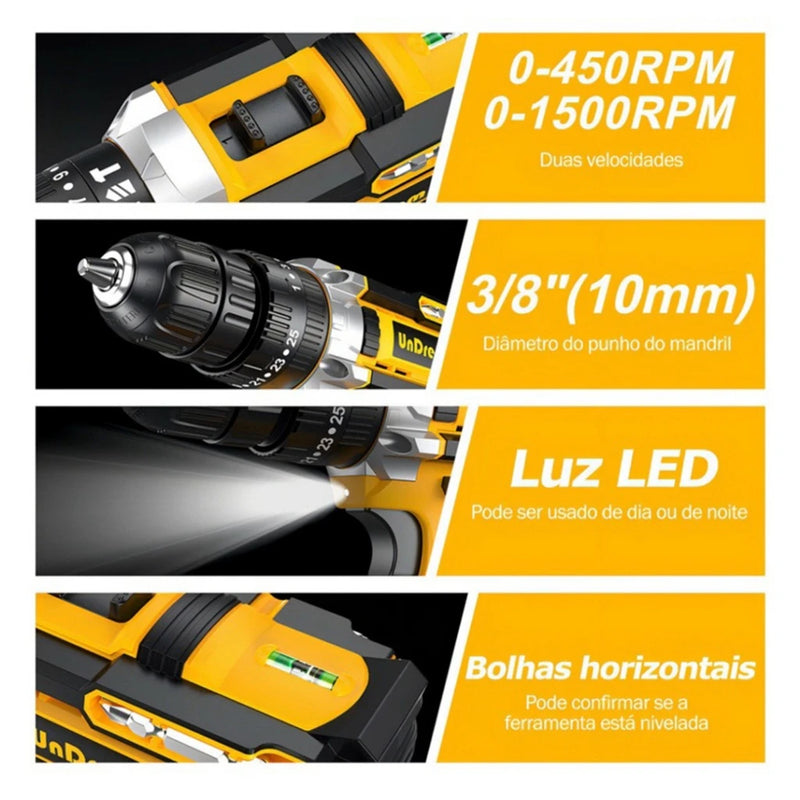 FURADEIRA PARAFUSADEIRA DE IMPACTO SEM FIO A BATERIA 21V/12V COM MALETA E ACESSÓRIOS
