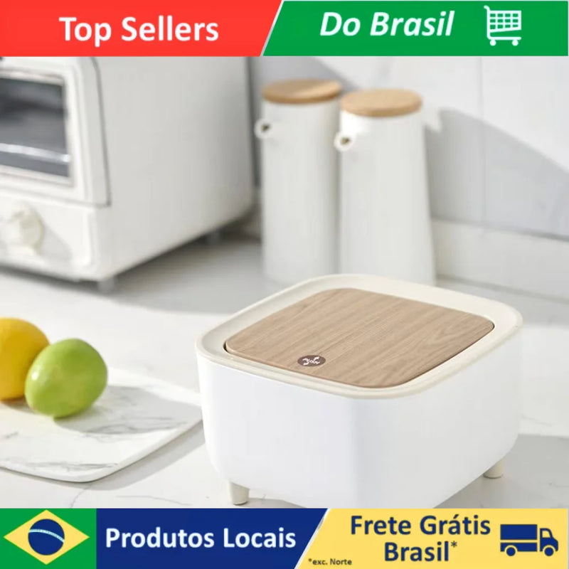 Mini Lixeira Quadrada Com Pés de Madeira Moderna Com Tampa de Pressão Para Sala Banheiro Cozinha Escritório 2L