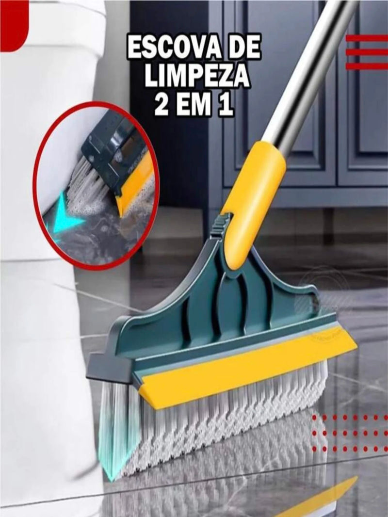 Escova Esfregão de 2 em 1 para Piso com Cabo Longo, Escova Rígida de Limpeza com Raspador e Limpa Vidros com Rotação de 120° - E