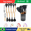 Kit 12 Utensílios De Cozinha Talheres Cabo Madeira E Pote