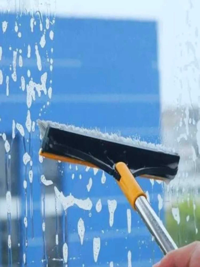 Escova Esfregão de 2 em 1 para Piso com Cabo Longo, Escova Rígida de Limpeza com Raspador e Limpa Vidros com Rotação de 120° - E