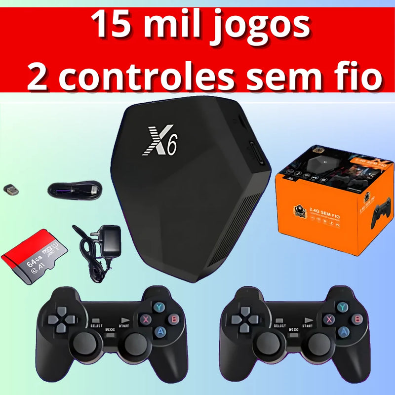 Video Game 4K HD 15 mil jogos Console, +2 Controles X6 Controlador Sem Fio, Mini Game Box, AV, Saída HD