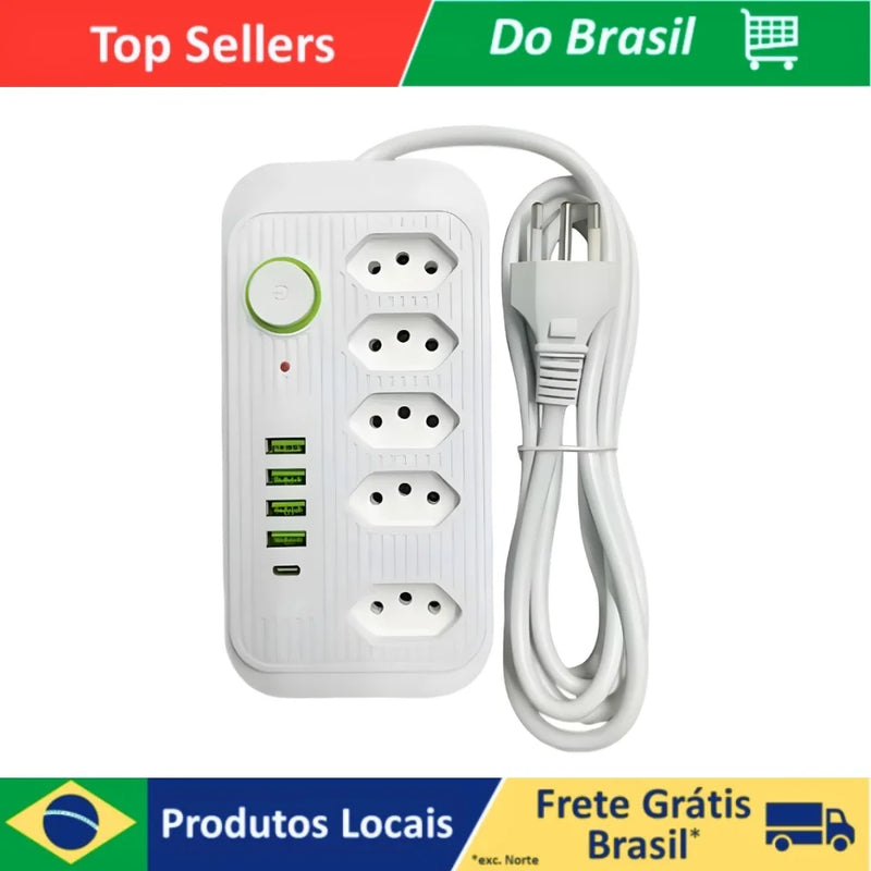 4 USB Extension Ruler 5 Socket Bivolt and USB Type-C Socket Power On And Off 2 METERS