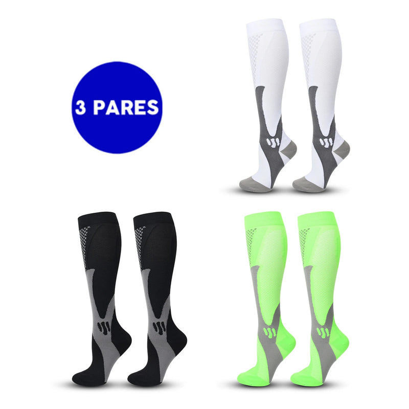 Kit com 3 Pares de Meias de Compressão Profissional – Estimula Corrida, Ciclismo, Performance em Provas e Alívio de Varizes