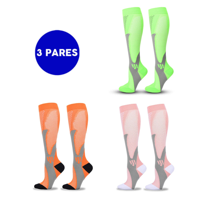 Kit com 3 Pares de Meias de Compressão Profissional – Estimula Corrida, Ciclismo, Performance em Provas e Alívio de Varizes